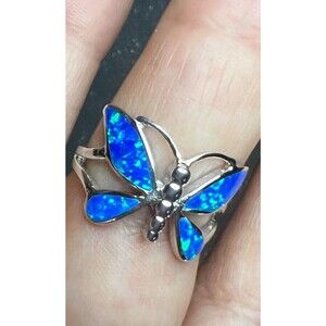 925 Sterling Silver Butterfly Freedom Luck Blue Lab Opal Promise Ring Size 8.5
